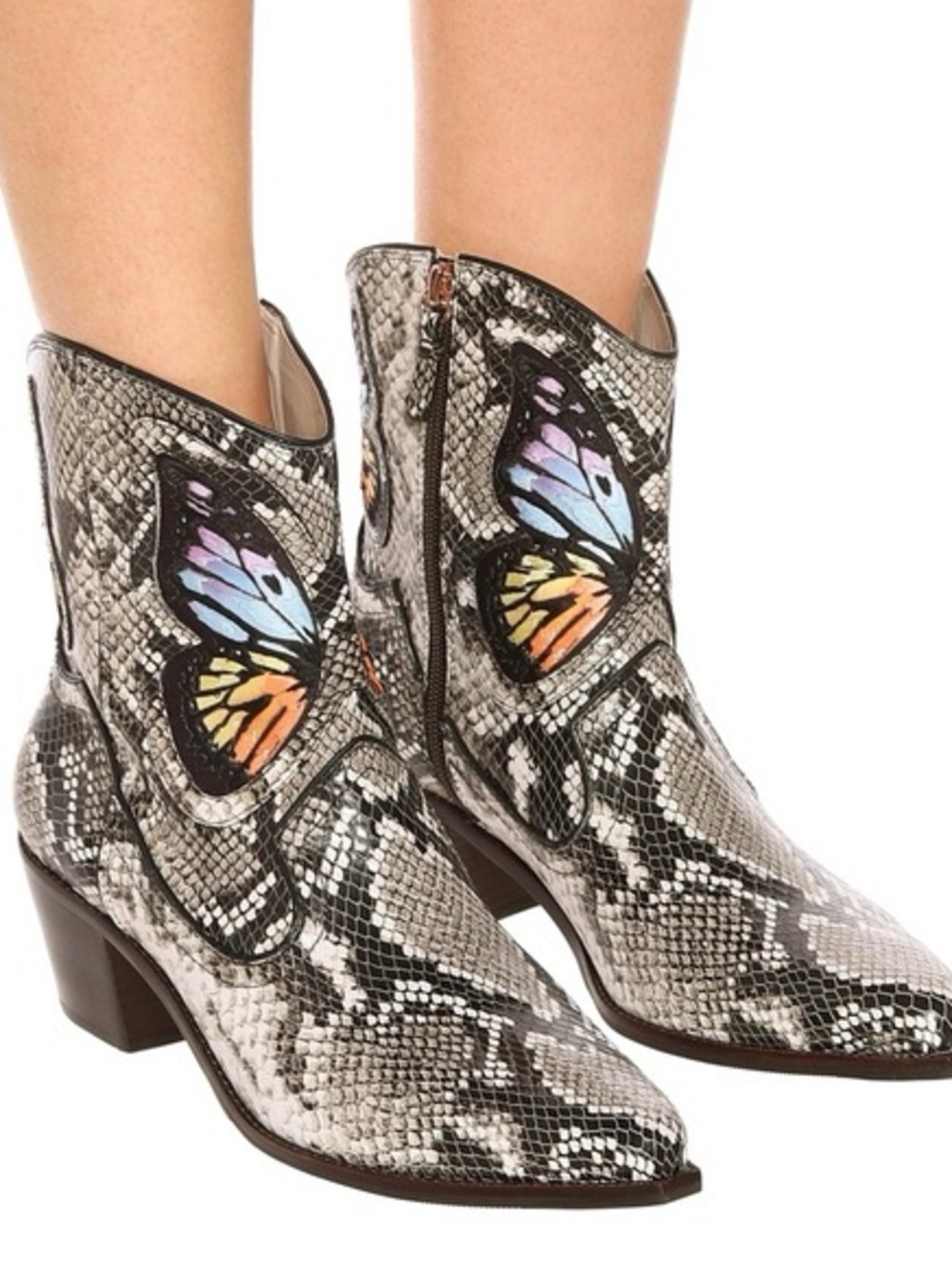 Sophia Webster Snake-Print Western Ankle Boots with Multicolor Butterfly Detail